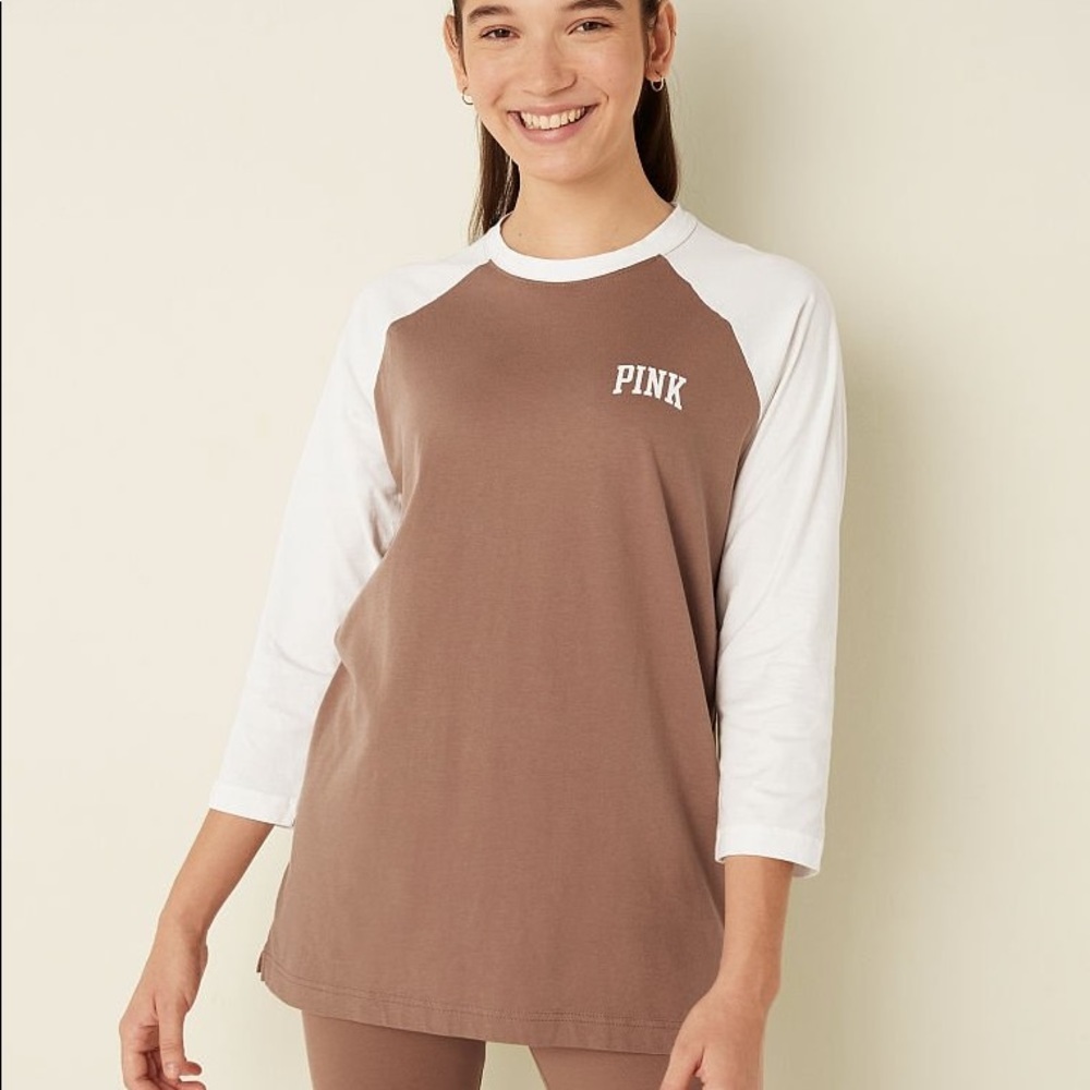 Victoria's Secret PINK Campus Baseball Tee Optic White / Stucco Beige Large NEW